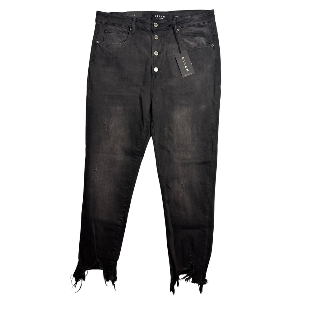 RISEN Button Fly Raw Hem Skinny Jeans Plus Size 2XL High Rise Black Distress NWT
